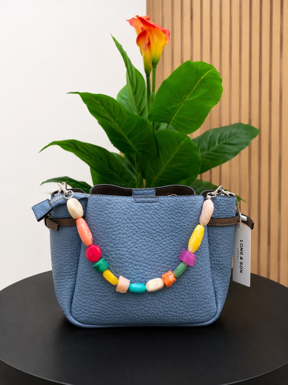 Blue Pebbled Bag with Bead Strap